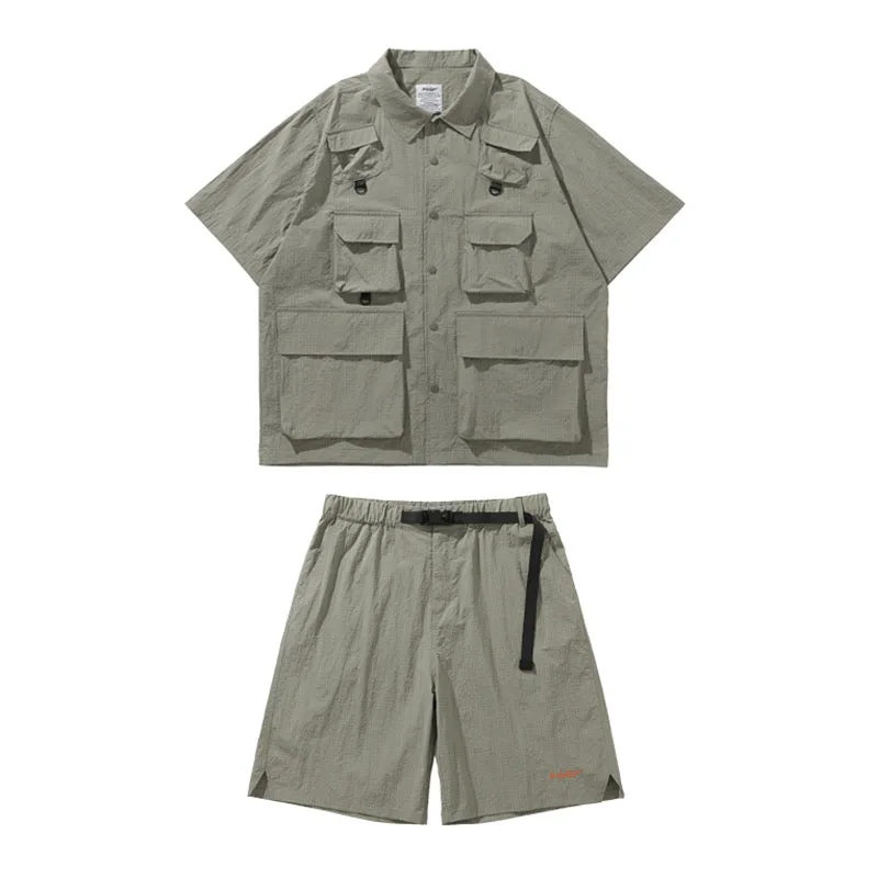 Summer Outdoor Functional Wind Three Prevention Fabric Mens Clothes Multi Pocket Loose Shirt Shorts Set Men's Wear