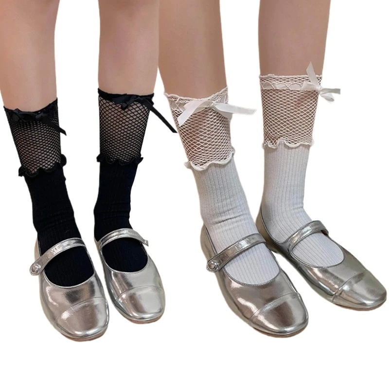 

Женские японские носки выше середины икры Студенческие девушки Ажурные чулки Симпатичные носки с бантом P8DB