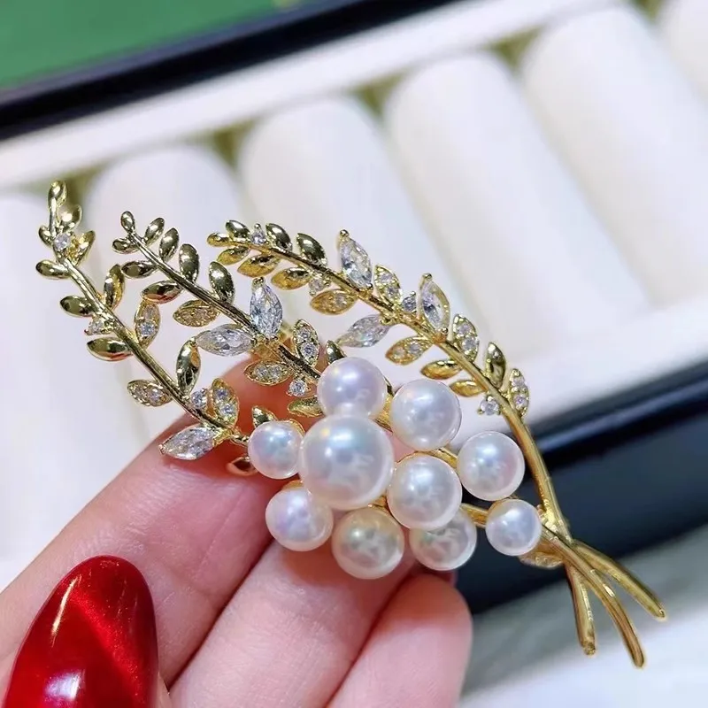 

MeibaPJ DIY Empty Setting White Semiround Natural Pearls Wheat Corsage Brooch Fashion Sweater Jewelry for Women