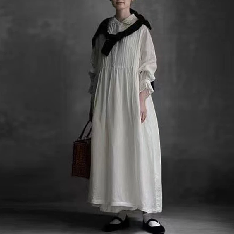 Женское льняное платье с вышивкой Johnature свободное винтажное отложным воротником