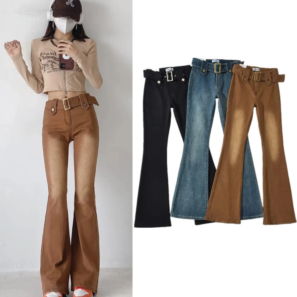 LEOSOXS Retro Grinding White Flared Pants Female 2022 Autumn New American Hot Girl Wind Slim Long Jeans