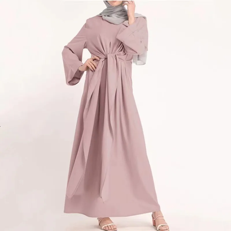 Wepbel Middle East Islamic Clothing Abaya Women Arabic Dress Robe Kaftan Solid Color Long Tie Girdle Muslim Ramadan Wear Robe