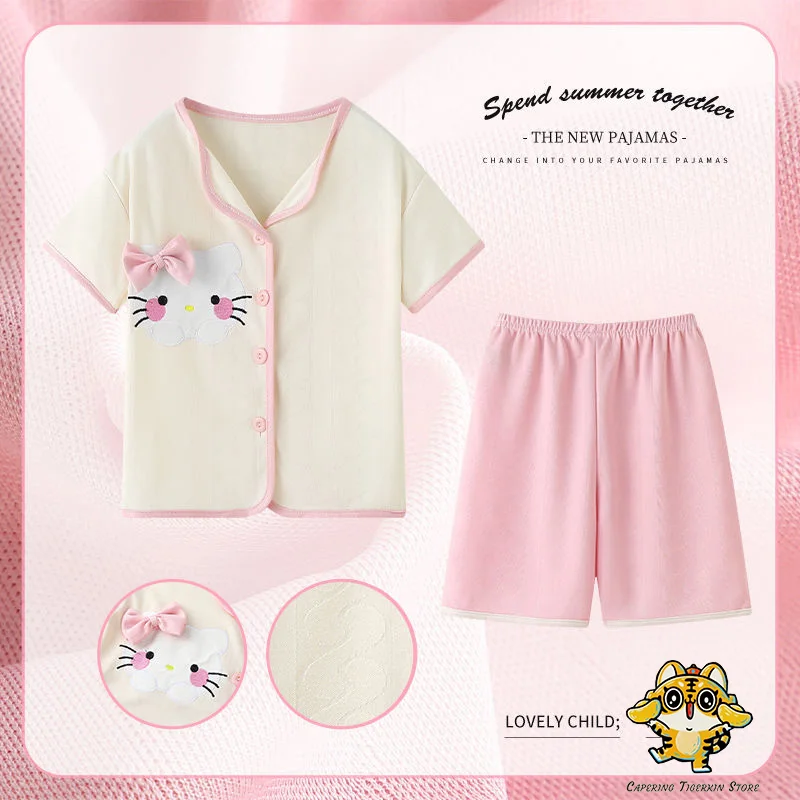 

Пижамный комплект Sanrio Hello Kitty Kuromi Melody Kawaii для девочек, мультяшная Пижама, свободная тонкая хлопковая Домашняя одежда, летняя ночная рубашка для детей, подарок