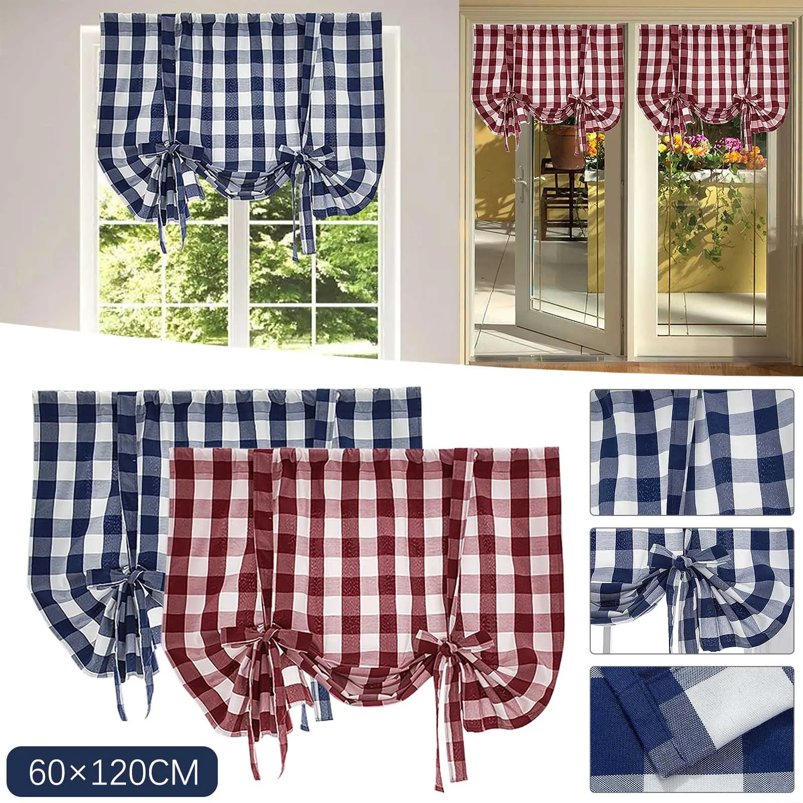 

Plaid Print Short Window Curtain With Hole Adjustable Roman Blinds Blackout Drapes Solid Color Grid For Living Room Kitchen