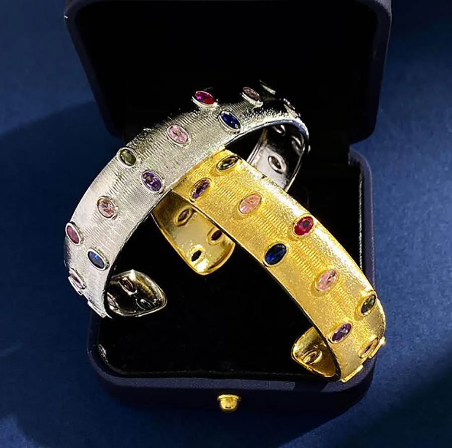 

Italian craftsmanship colorful gems cuff bracelet court style retro elegant women golden luxurious opening wide bangle