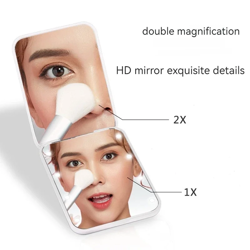 

LED Makeup Mirror Battery Model 2 Times Magnification Double-Sided Mirror Portable Handheld Folding Cosmetic Mirror 8 Lamp Beads