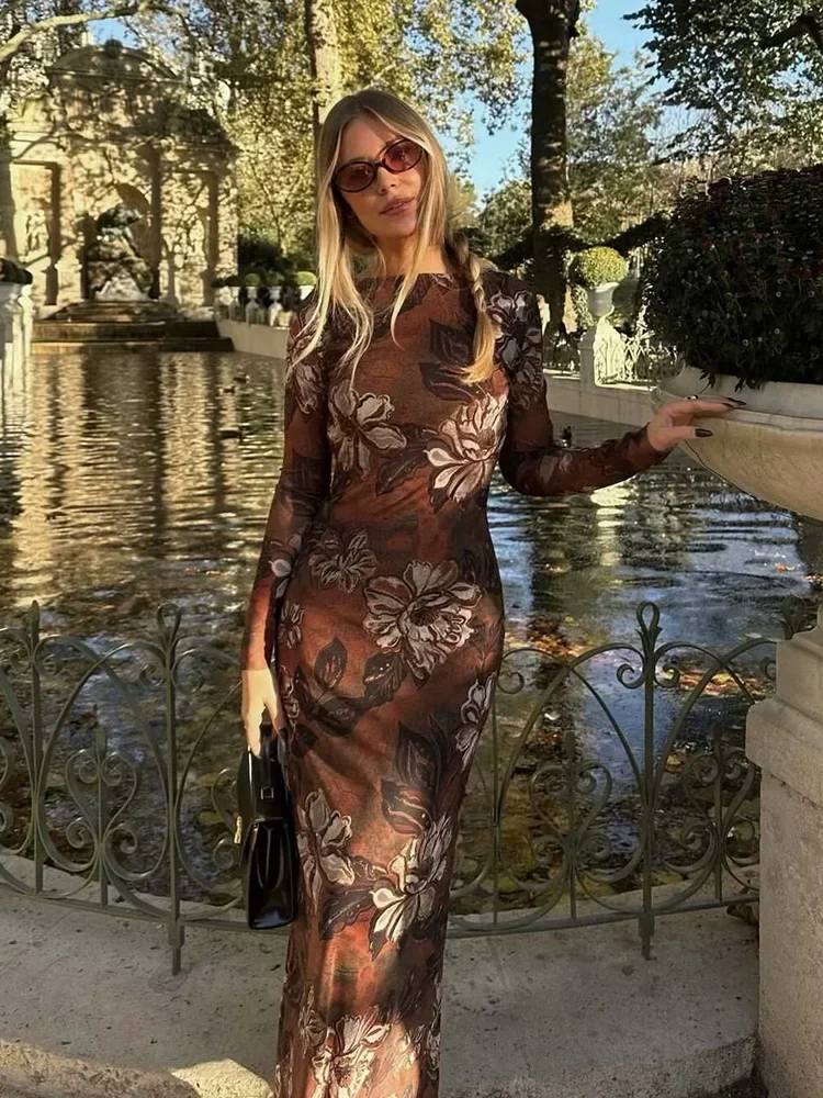Сетчатое вечернее платье с цветочным принтом коричневые платья макси длинными