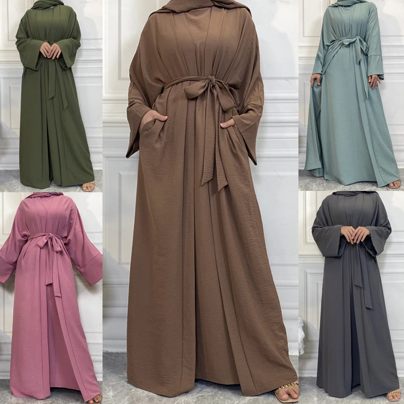 

2 Piece Muslim Sets Women Matching Oufits Abaya Kimono + Sleeveless Dress Dubai Saudi Turk Modesty Islamic Clothing Ramadan Robe