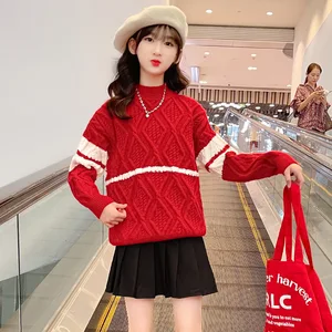 Girls Thickened Striped Jacquard Sweater Autumn New Korean Round Neck Pullover Kids Clothes for Teens Knitted Top 8 10 12 14 Yrs