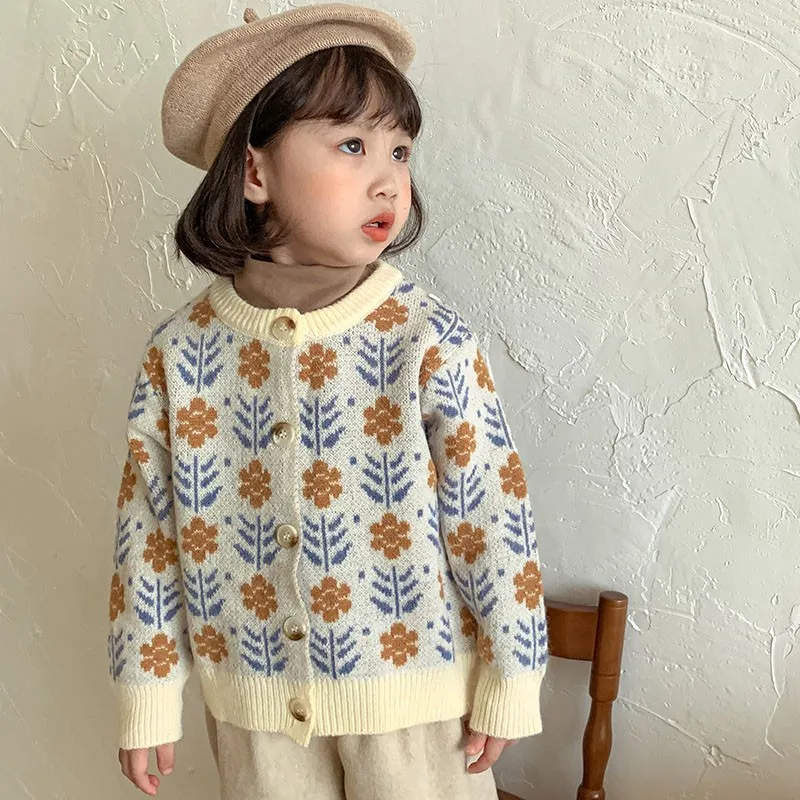 

Girls Floral Knitted Sweater Autumn 2022 New Children's Cardigan Knitwear Cotton Clothes Baby Kids Outwear Jacket Sweater Tops
