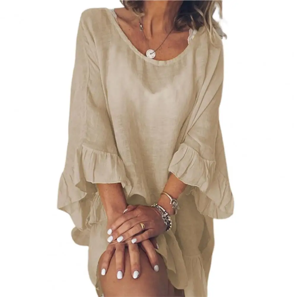 

Women Dress Solid Color Ruffles Summer Round Necks Pleats Mini Dress Beachwear