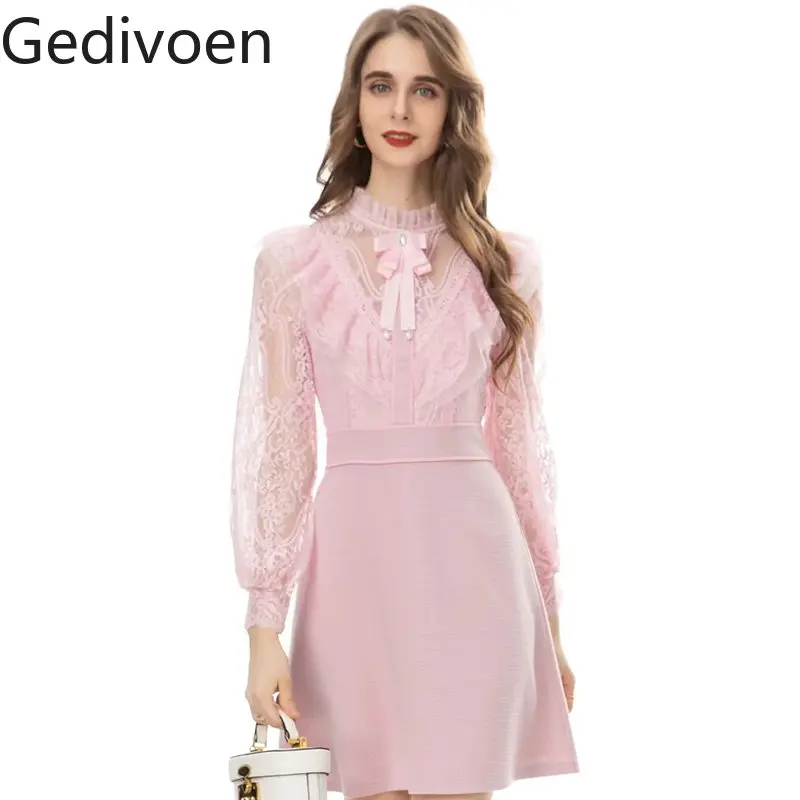 

Gedivoen Fashion Designer dress Spring Women's Dress Stand Neck Ruffle Lace Long sleeve High waist Mini Pink Dresses