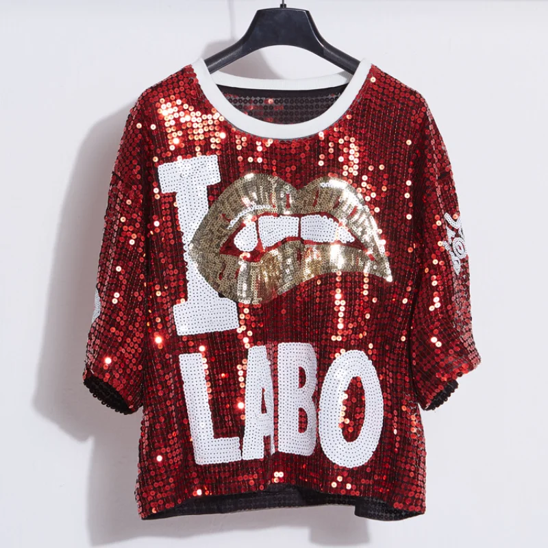 

2023 Women New Street Dance Sequins Hip Hop O-neck Short Half Sleeve Sexy Lips Festival Party Show Befree Top
