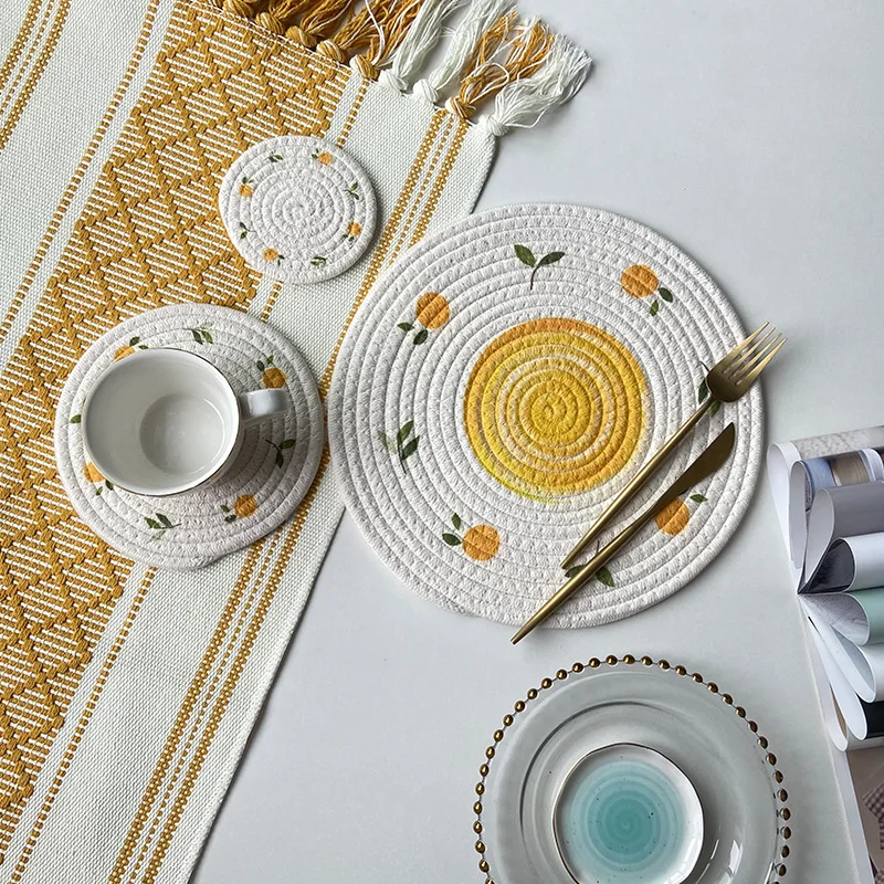 

Heat Insulation Pad Woven Cotton Rope Meal Mat Prairie Chic Ins Style Creative Printing Cup Pads Circular Household Dish Pads