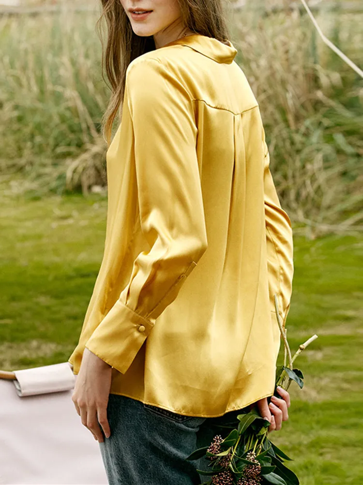 

Women Shirt Turn-down Collar Loose Long Sleeve Solid Color Single Breasted Blouse Silk Office Lady