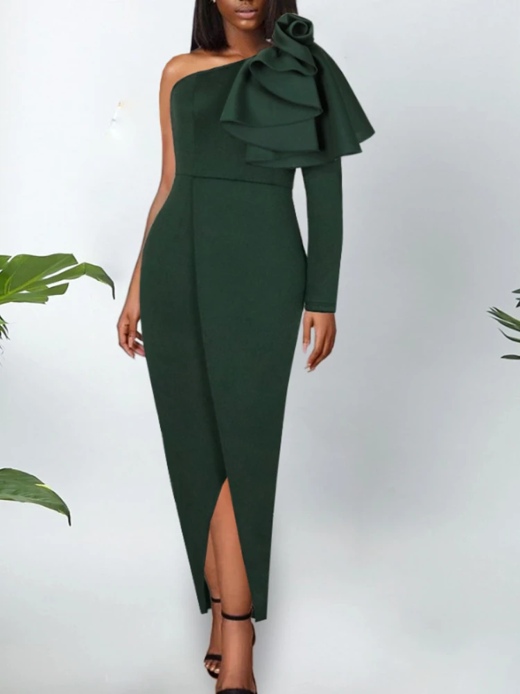 

Women Long Christmas Dress Bodycon Party One Shoulder Irregular Sleeve Big Flower Slit Sexy Celebrate Occasion African Birthday