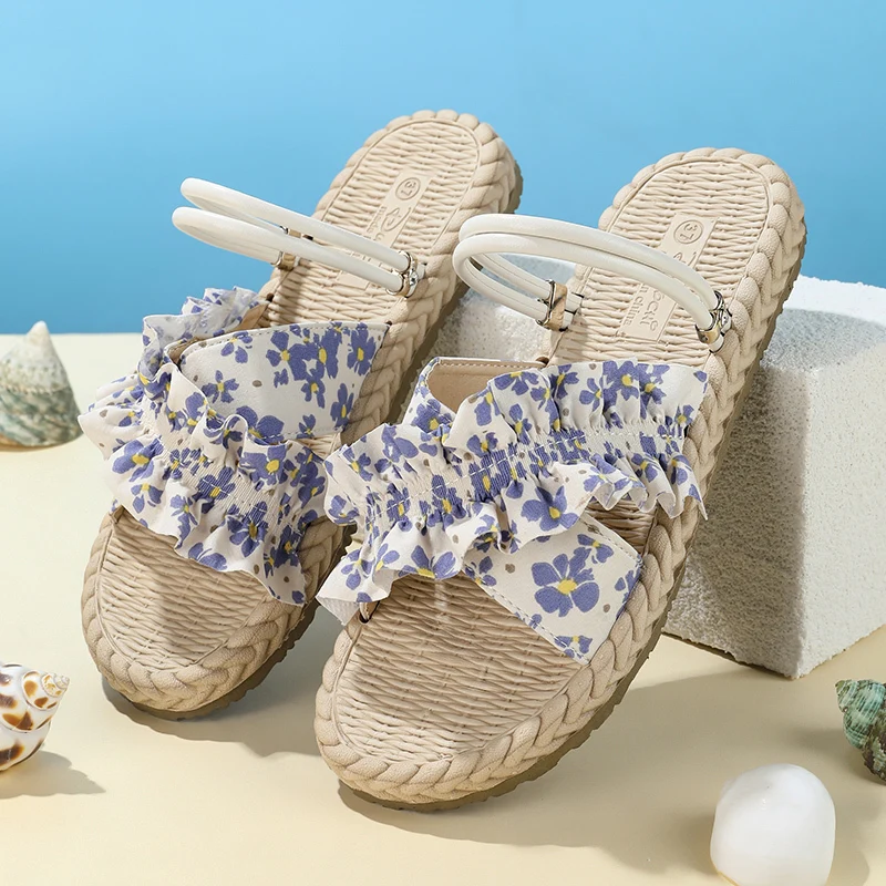 

Summer Slippers Shoes Women Beach Sandals Flat Soled Shoes Women Fragmented Flower Slides For Holiday Flip Flops Ladies Slides