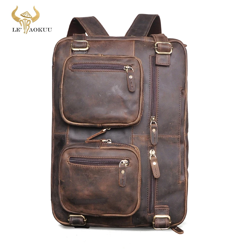 

Crazy Horse Leather Men's designer Wine multi-Purpose Backpack Maletin business briefcase laptop Tote Portfolio bag 9912