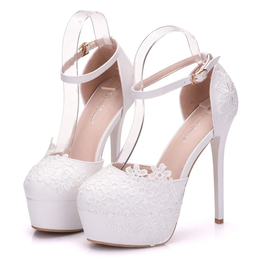 

Plus Size 40 41 Lace High Heel Wedding Pumps Women Shoes White 14cm Thin High Heels Bride Bridesmaid Solid Female Sandals Shoes