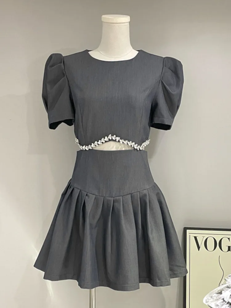 

French Luxury Diamond Summer Dress For Women Korean Elegant Fashion OL Puff Sleeve Beaded Party Dresses Cut Out Hollow Out Robes