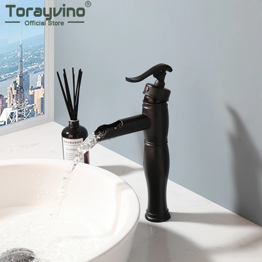 

Torayvino Bathroom Wash Basin Faucet Single Hole Deck Mounted Black Sink Faucets Brass Waterfall Spout Tap Mixer Water Taps