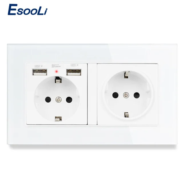 

Esooli 2 Gang EU Standard Wall Socket luxury Crystal Glass Panel With 2 USB Charge Port Hidden Soft LED Indicator 146 * 86 mm