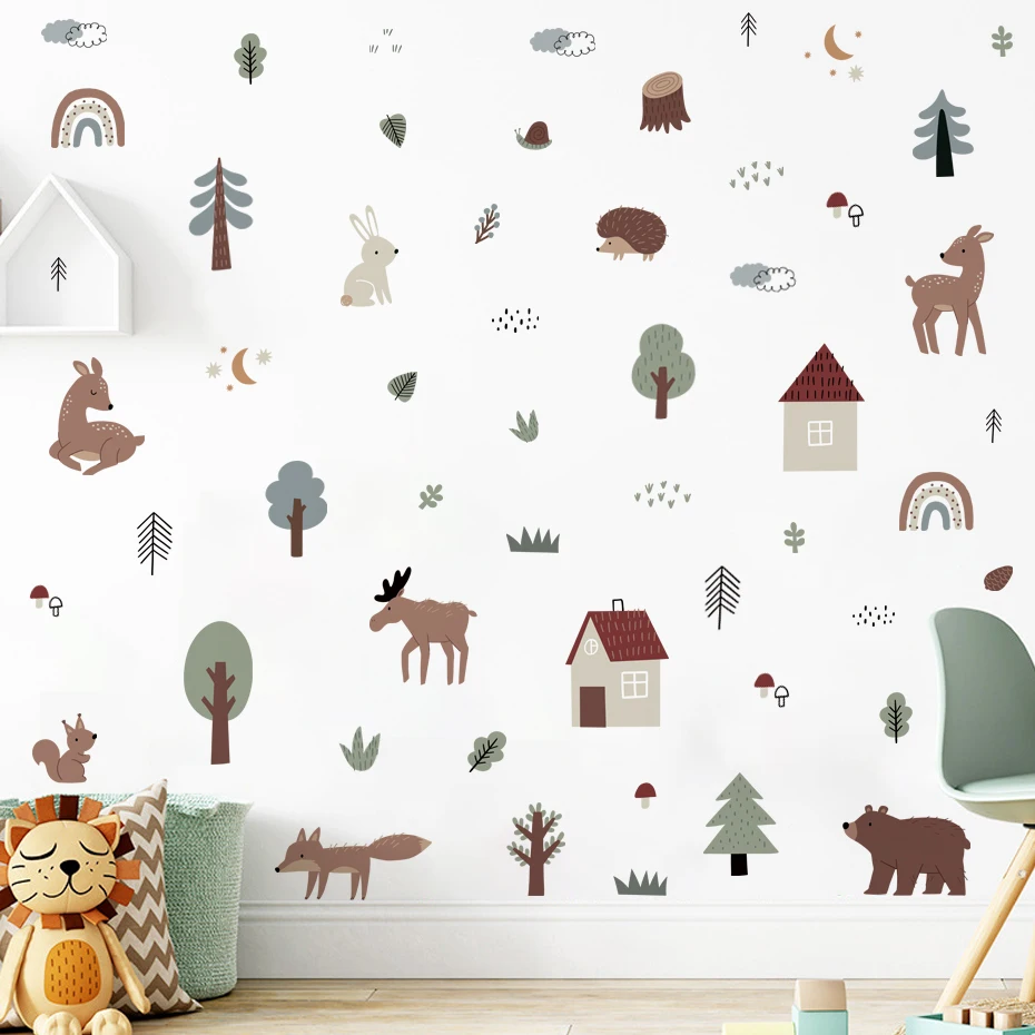 

Watercolor Cartoon Forest Woodland Animals Deer Tree Wall Stickers for Kids Room Bedroom Living Room Nursery Home Decoration