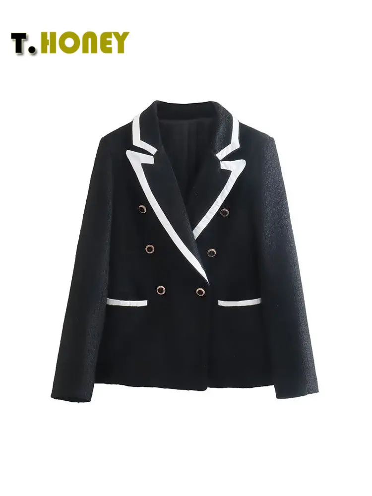 

TELLHONEY Women Fashion Solid Notched Collar Double Breasted Blazer Jacket Female Contrast Color Long Sleeves Texture Outfits