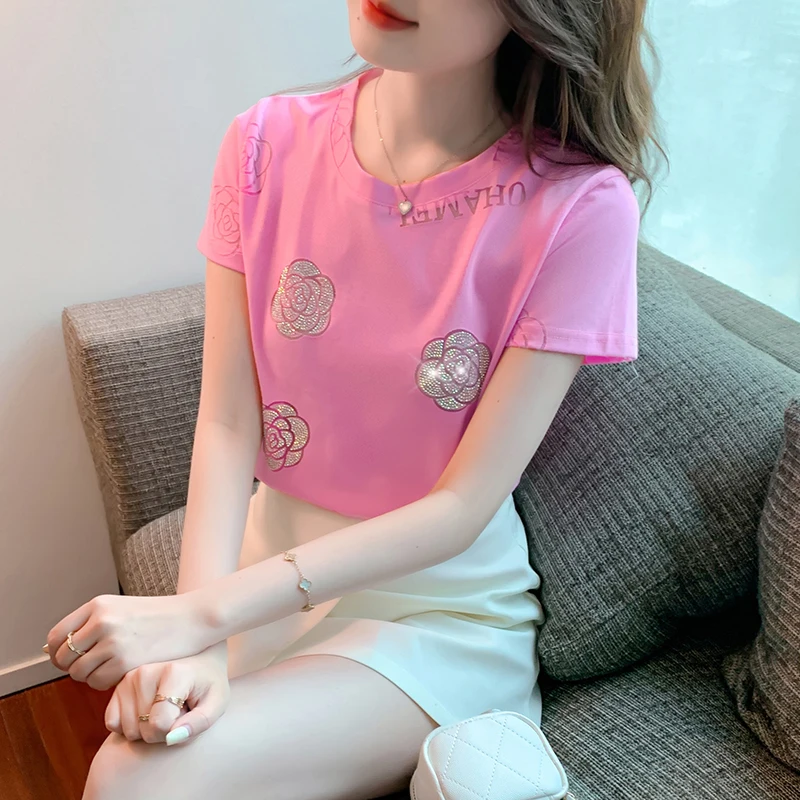 

Hot Diamond Summer T Shirt Women Print Kawaii Fashion T-shirt O Neck Short Sleeve Tops Casual Korean Tshirts Female Woman Top