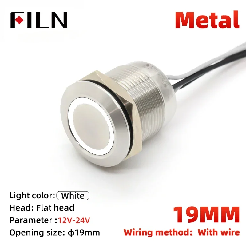 FILN 19 мм, 12 В, 24 В, 110 В, 220 В, водонепроницаемый, с плоским кольцом, круглый кнопочный переключатель, трехцветный, IP68, металл, нержавеющая сталь, провод 20 см