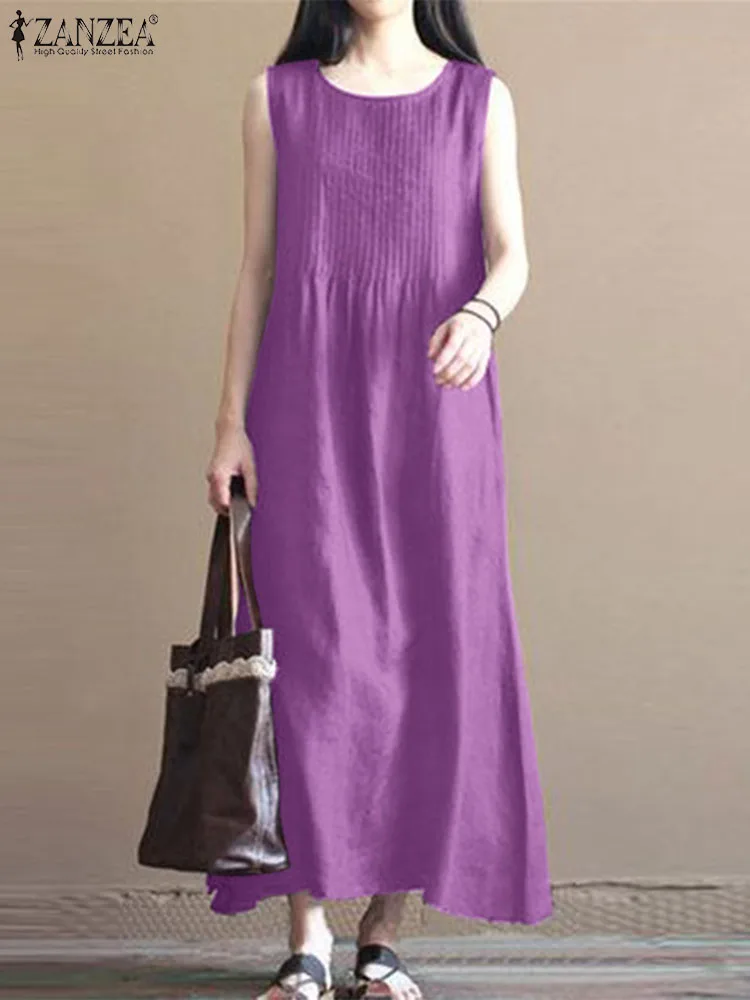 

2023 ZANZEA Summer Solid Color Sundress Woman Holiday Sleeveless Tank Dress Elegant Casual Loose O-Neck Maxi Vestidos Oversized