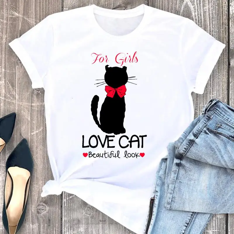 

Women Clothes Letter Lovely Cat Style Cartoon Clothing Fashion Short Sleeve Print Tshirt Female Top Graphic Tee T-shirt