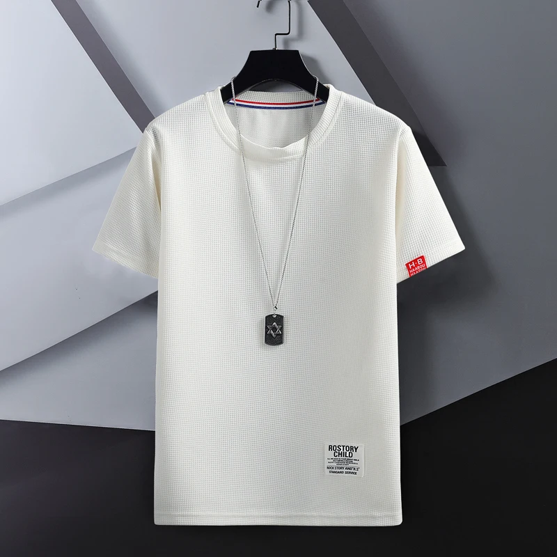 

New Label Design Casual Men' T-shirt Solid Color Waffle Tshirts High Street Man Loose Short Sleeve Tops Male Tee Shirt