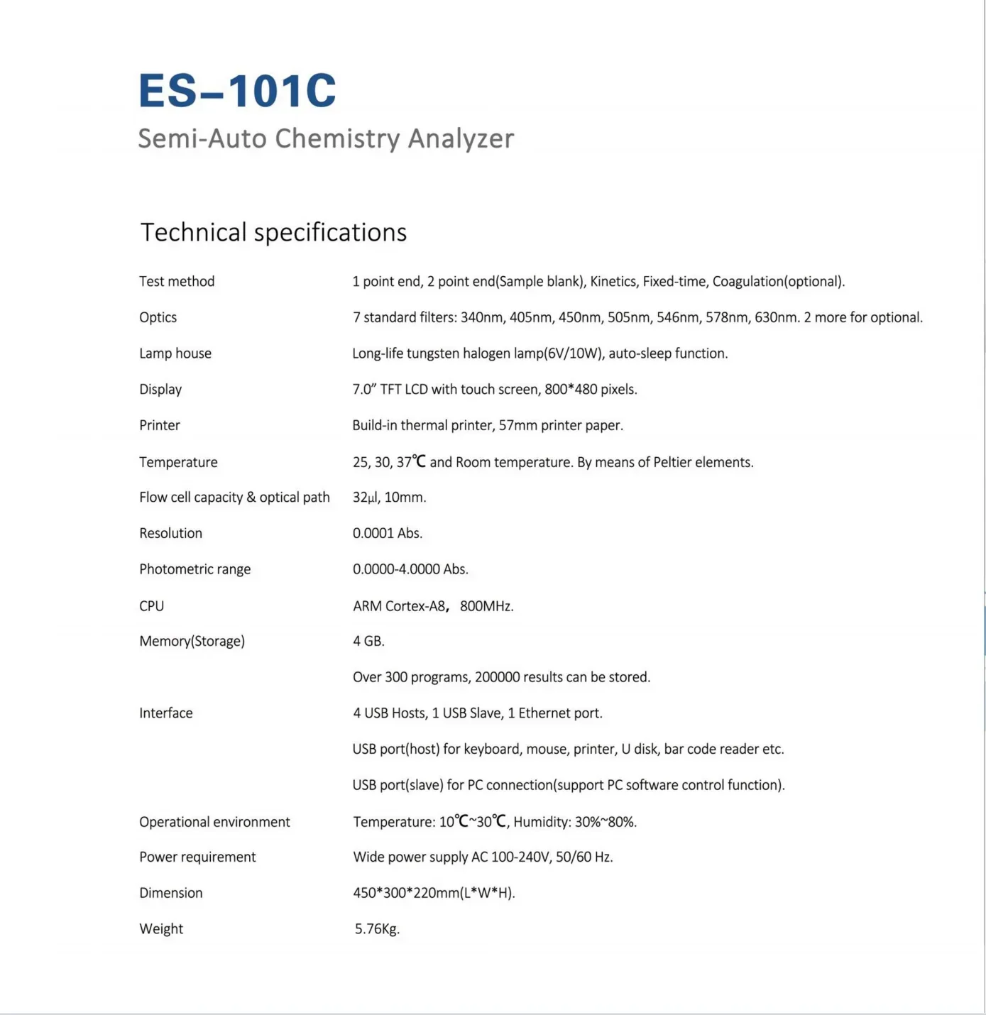 Labtex IVD ES-101C Клиническое оборудование Полуавтоматический химический анализатор
