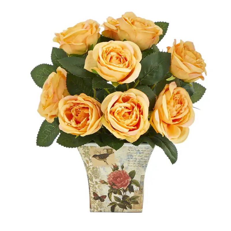 

11" Rose Artificial Flower Arrangement in Floral Vase, Yellow Wedding Party Vase Home Autumn Decoration Fake Flower