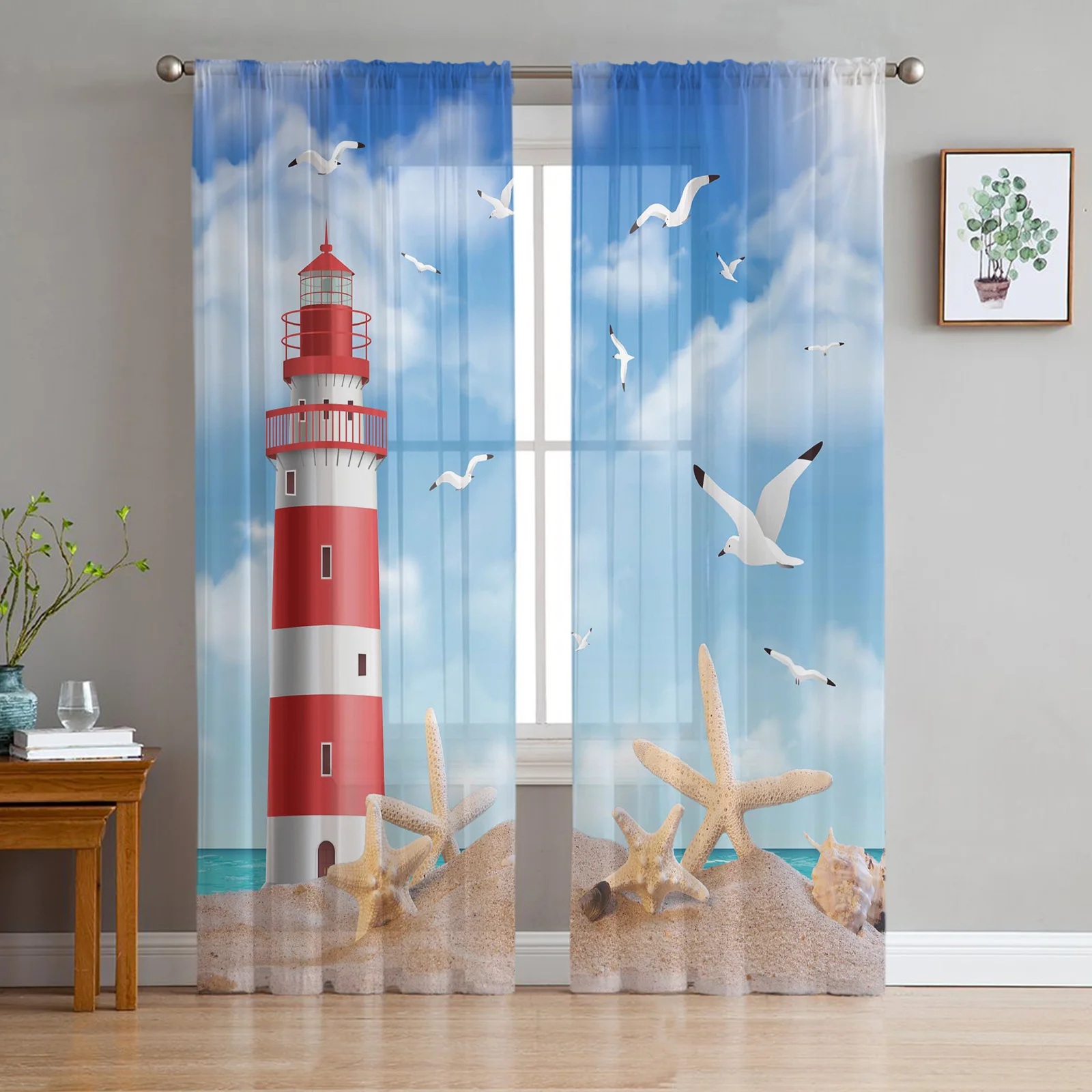 

Sea Beach Lighthouse Starfish Seagull Tulle Curtains for Living Room Bedroom Decor Chiffon Sheer Voile Kitchen Window Curtain