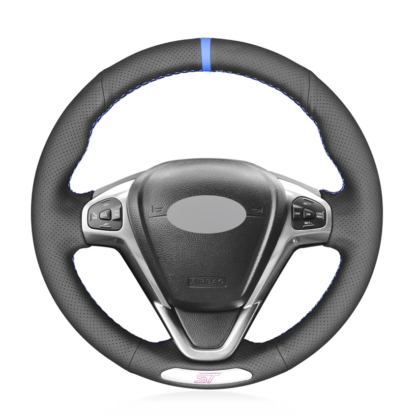 

Black Faux Leather Blue Marker Hand-stitched Car Steering Wheel Cover for Ford Fiesta ST 2012 2013 2014 2015 2016 2017 2018
