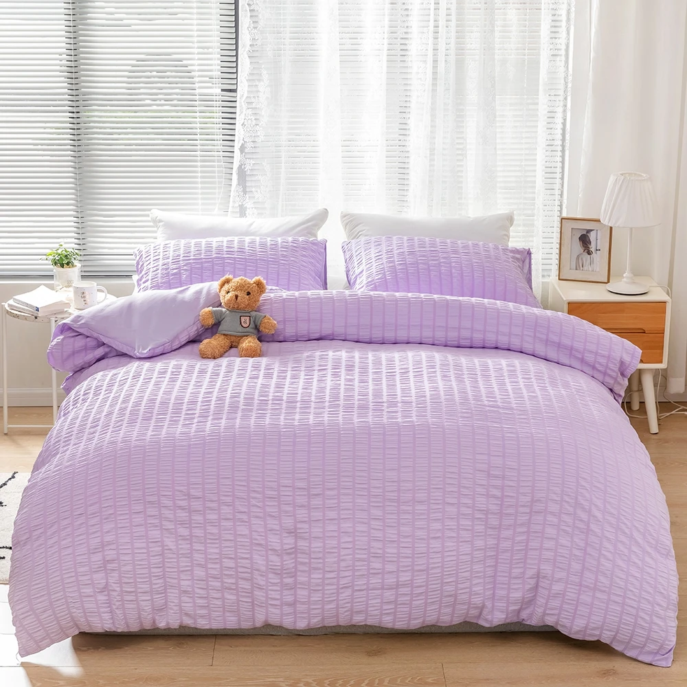 

Evich Brief Lilac Colour Bedding Set of Seersucker 3Pcs Single and Double Multi Size Zipper Quilt Cover Pillowcase Homehold