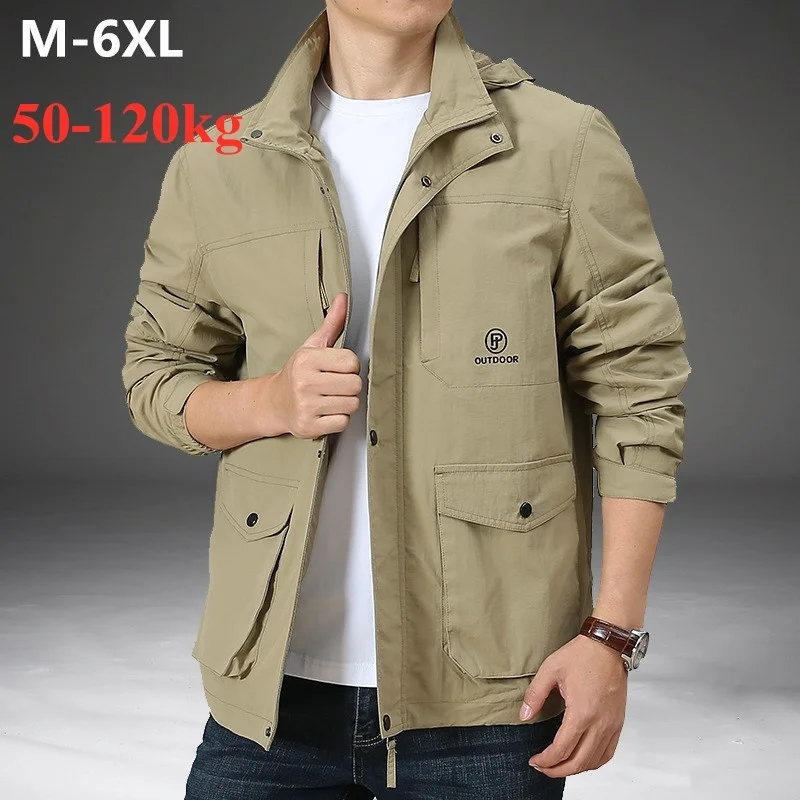 

6XL Large Size Mens Outdoor Hiking Sports Windbreaker Jacket Spring Autumn Thin Casual Multi-pocket Loose Hooded Coat Tops
