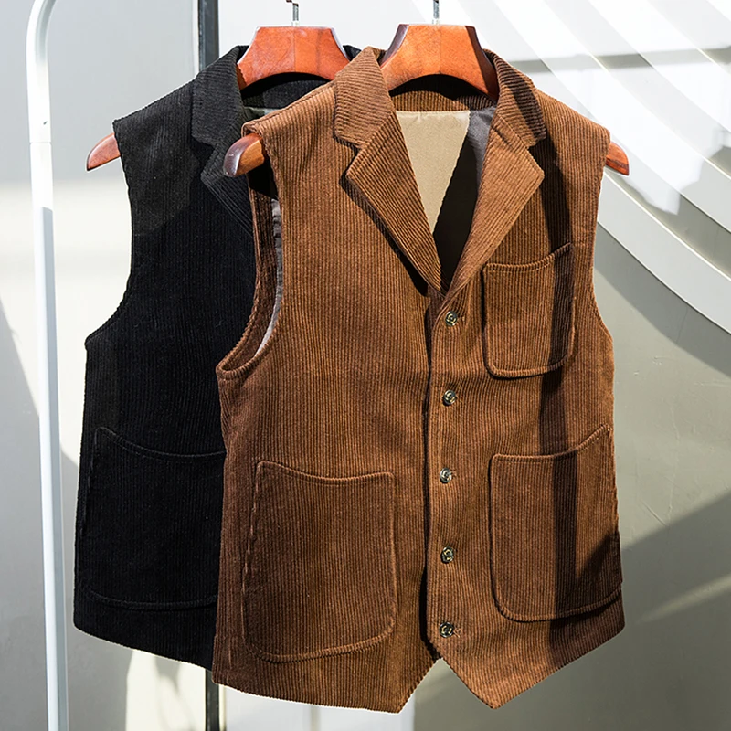 

Pockets Retro Collar Corduroy Coffee Tooling 3 Vintage Vest Men's Tailored Single Wedding Waistcoat Black Tweed Vest Breasted