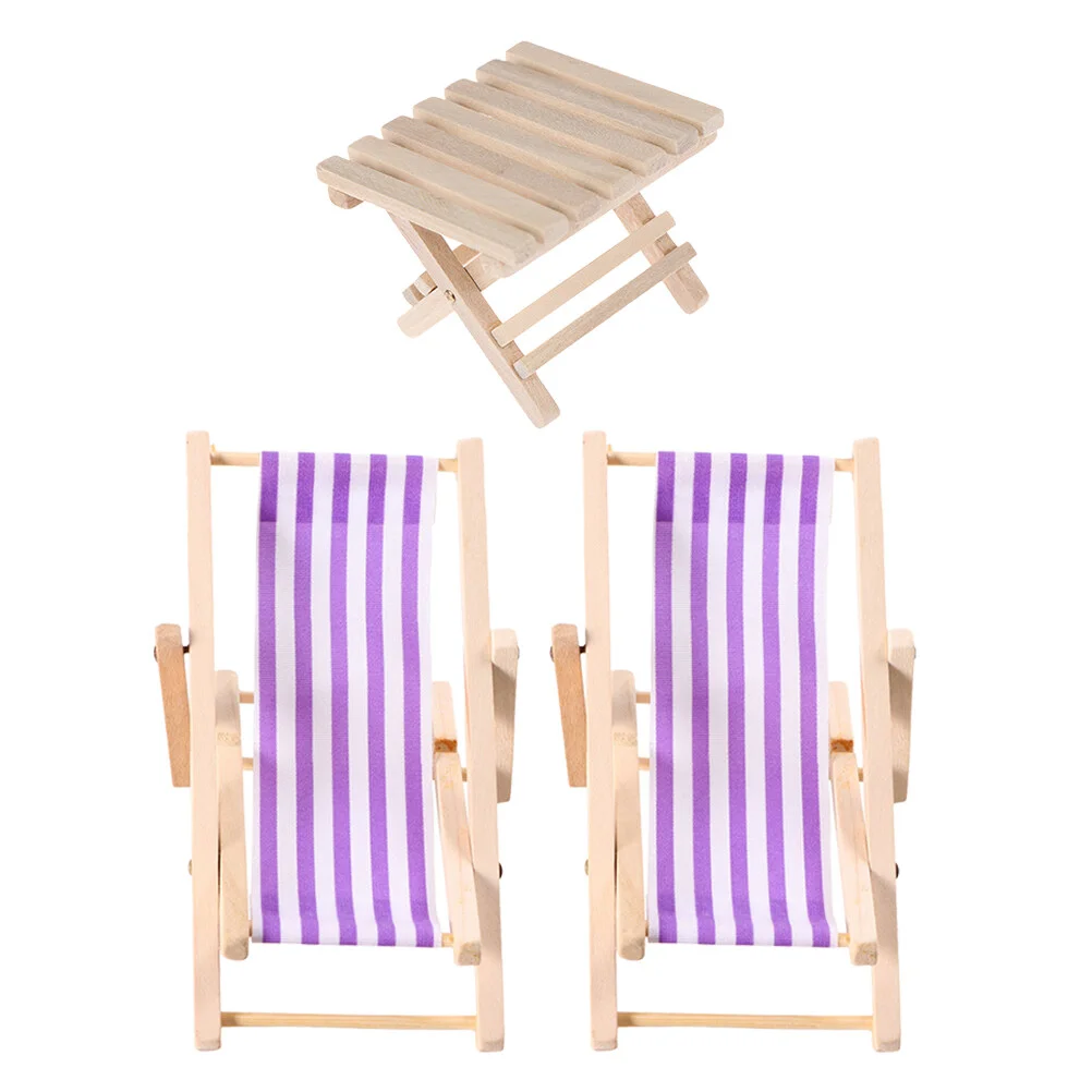 

3 Pcs Desk House Miniature Lounge Chair Model Wooden Simulated Beach Simulation Cloth Table Fold Chairs