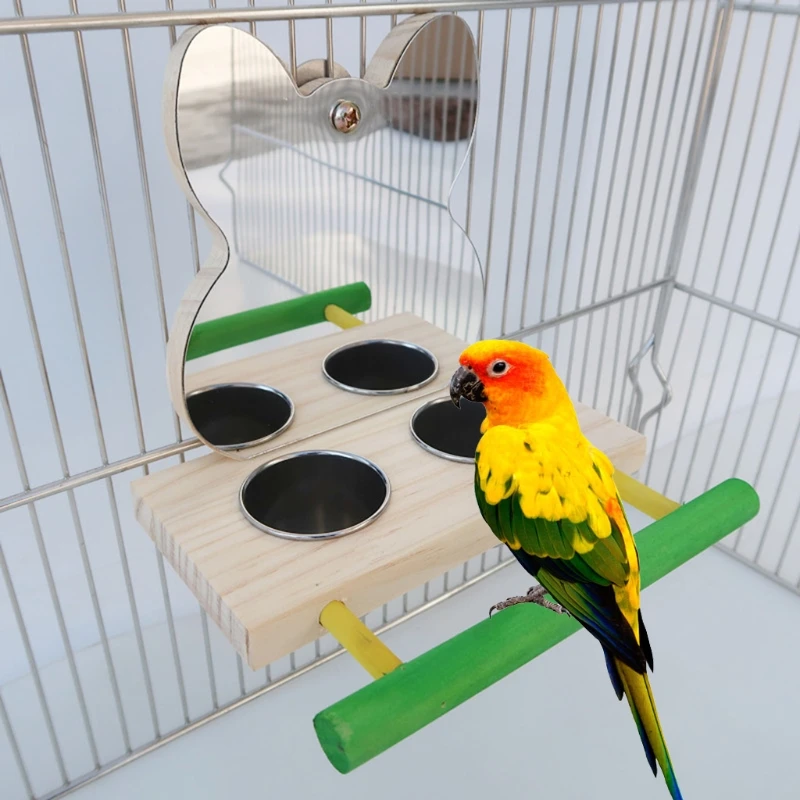 New Parrot Mirror Bird Toy Stainless Steel Feeding Cups Bird Wooden Perch Stand for Macaw African Greys Budgies Parakeet