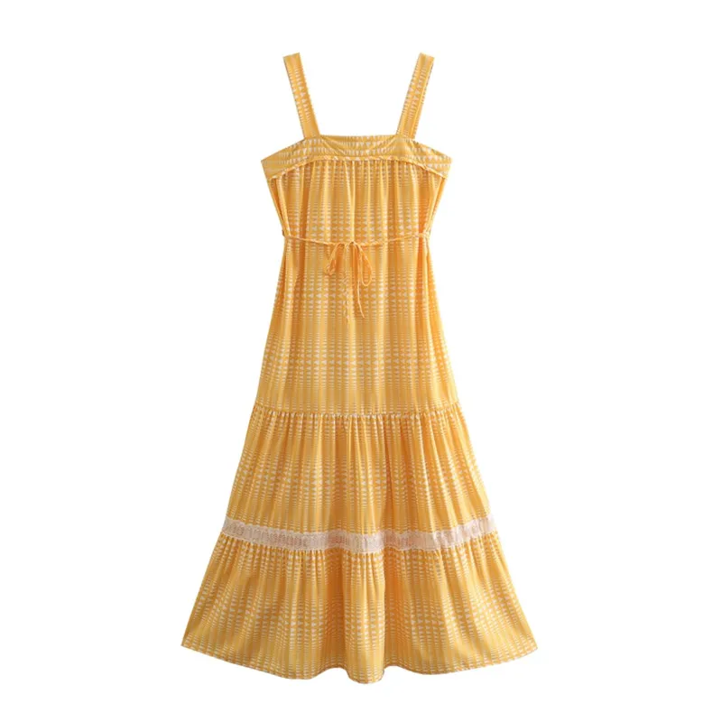 

2022 Summer Fresh Women Dress Fashion Casual Non-sleeve Pullover Lattice Printing Patchwork Slim Leisure Ladies Suspenders Dress