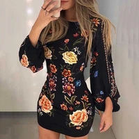 2022 summer new casual womens slim fit dress round neck lantern sleeves sexy printed backless long sleeve mini dress