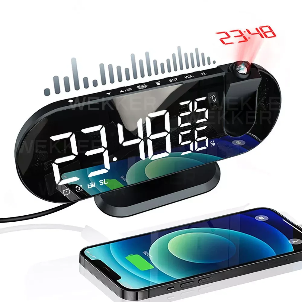 

FM Radio LED Digital Smart Alarm Clock Watch Table Electronic Desktop Clocks USB Wake Up Clock with 180° Time Projector Snooze
