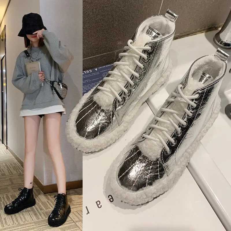 

Hairy Shoes Women's High-top Shoes 2022 Autumn and Winter New All-match Casual Shoes Plus Velvet Warm Snow Cotton Shoes