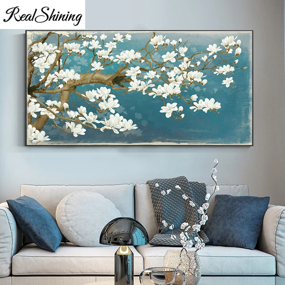 

5d Diy Белая Магнолия, алмазная живопись, вышивка-мозаика стразами, наборы для вышивки крестиком, синий цветок, пейзаж, искусство T1400