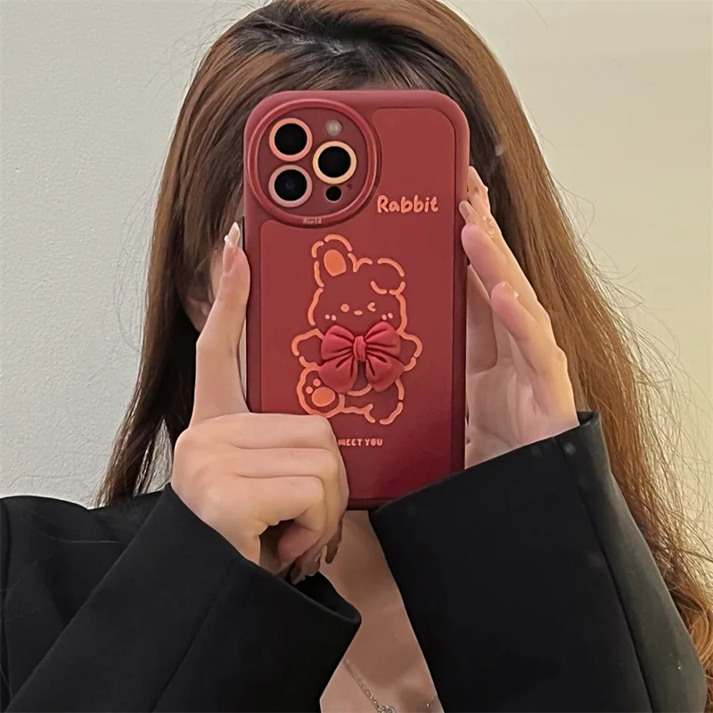

Cartoon red rabbit three-dimensional bow Phone Case For iphone 14 13 12 11 Pro Max X XR XSMAX 7 8 Plus SE TPU Case Cover