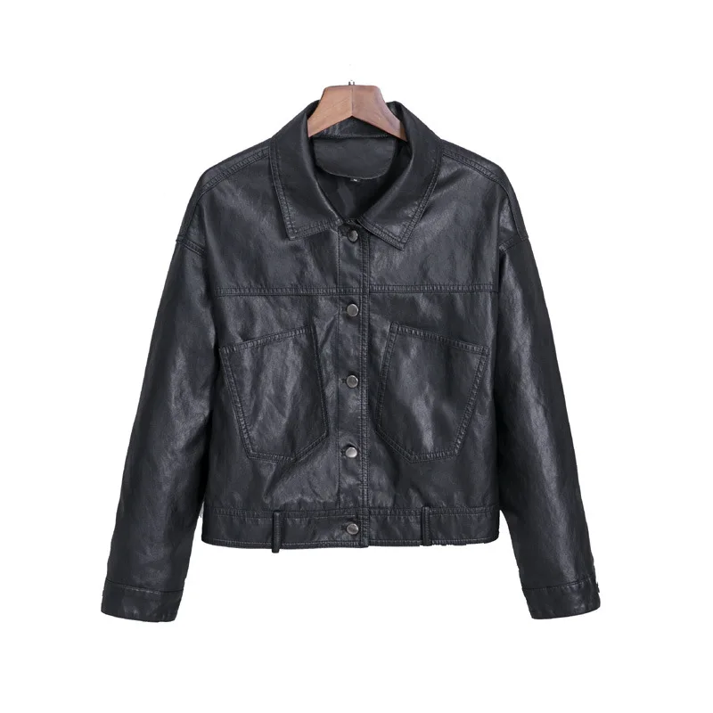 Single breasted lapel large pocket leather coat 2023 spring new short high waist coat small leather jacket