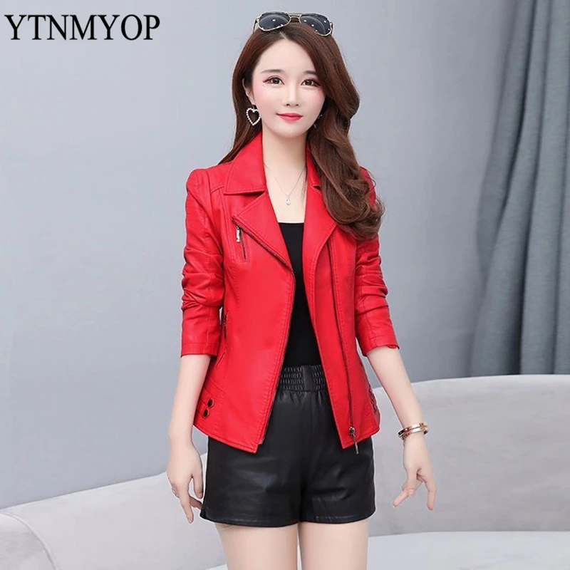 

Spring Leather Jackets Women Zipper Turn-Down Collar Clothing Red Motorcycle Coat Casaco Feminina YTNMYOP